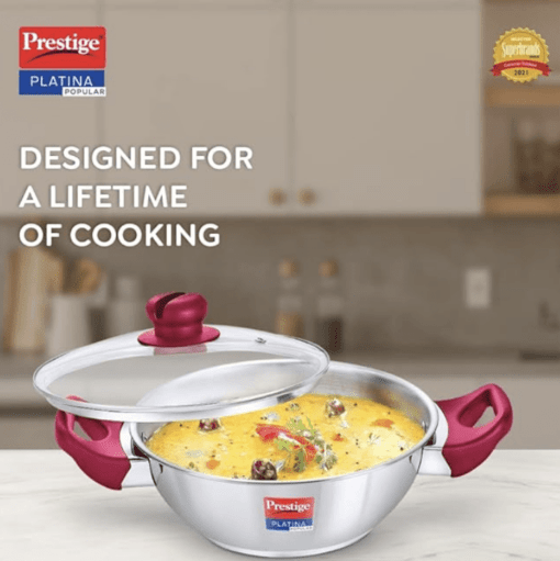 Prestige Platina Popular Stainless Steel Gas and Induction Compatible Kadai with Glass Lid, 220 mm - Image 2
